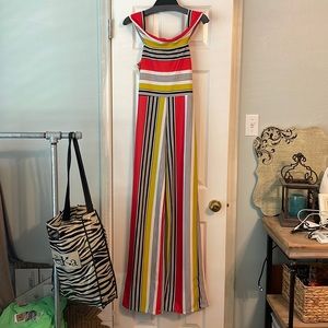 Fashion Nova Jumpsuit -MEDIUM -orange & yellow green with black & white stripes